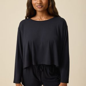Aria Bamboo Casual Cropped Long Sleeve Top | Black