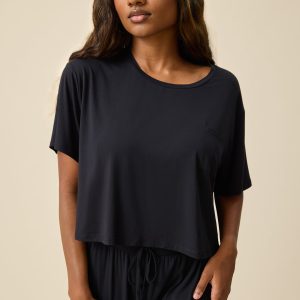 Aria Bamboo Casual Cropped Short Sleeve Top | Black