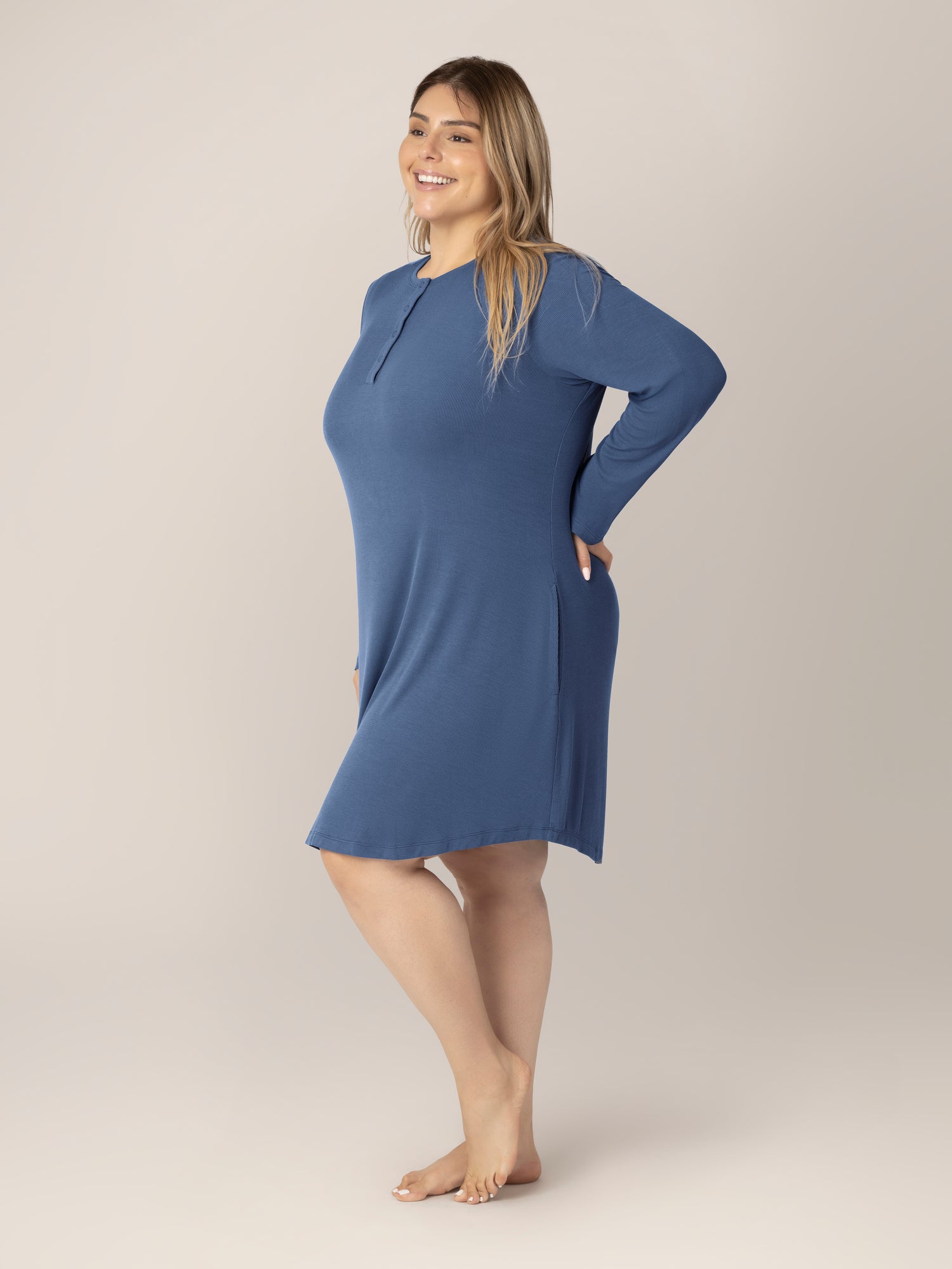 Riley Ribbed Bamboo Maternity & Nursing Nightgown | Slate Blue - Image 4