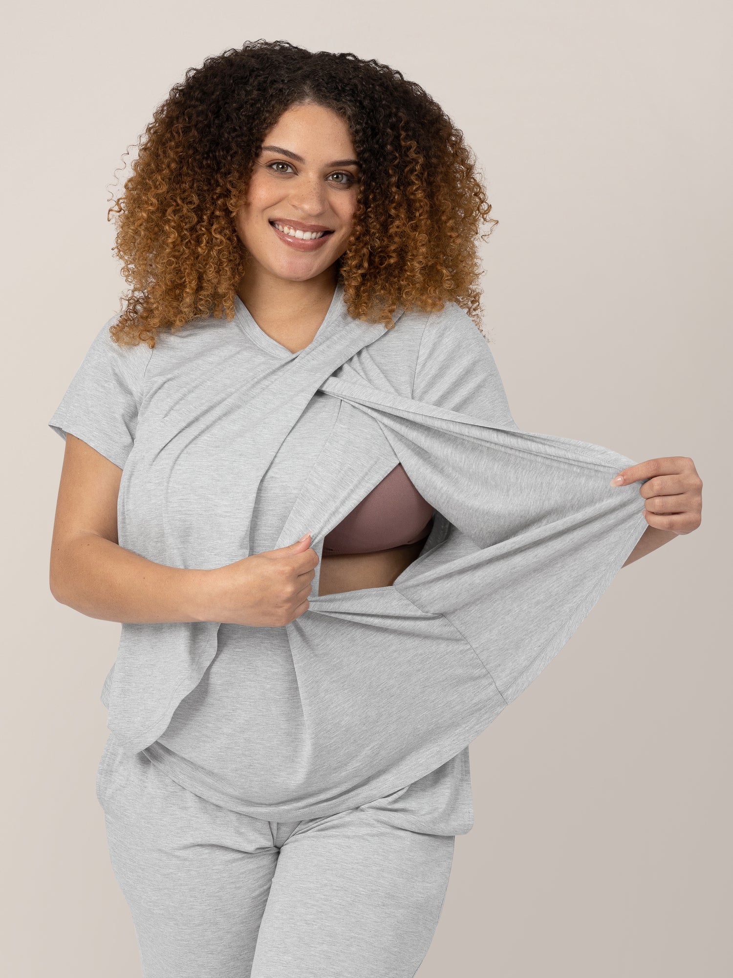 Tulip Hem Short Sleeve Maternity & Nursing Pajama Set | Grey Heather - Image 2