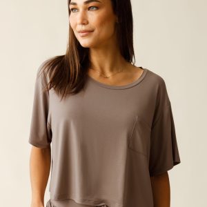 Aria Bamboo Casual Cropped Short Sleeve Top | Taupe