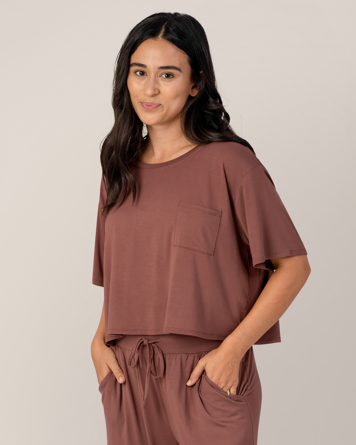 Aria Bamboo Casual Cropped Short Sleeve Top | Redwood