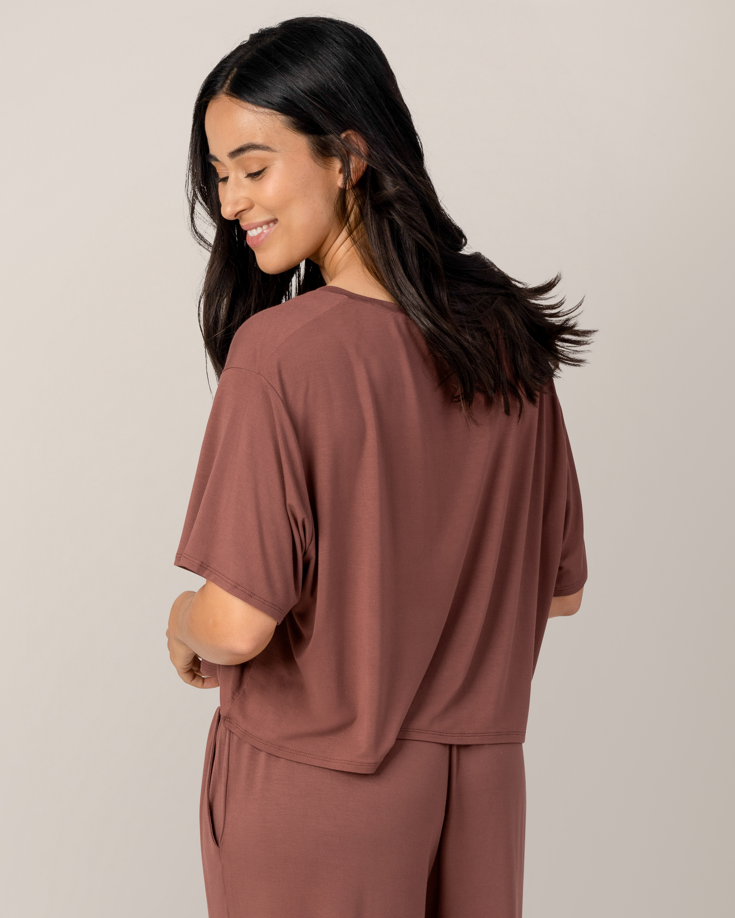Aria Bamboo Casual Cropped Short Sleeve Top | Redwood - Image 3