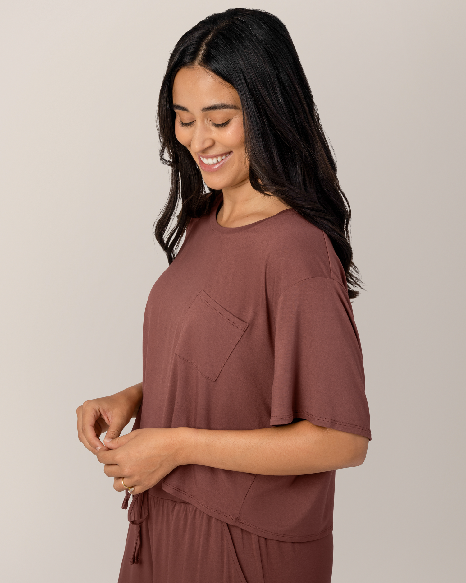 Aria Bamboo Casual Cropped Short Sleeve Top | Redwood - Image 2
