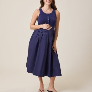 Charlotte Mixed Media Nursing Midi Dress | Navy