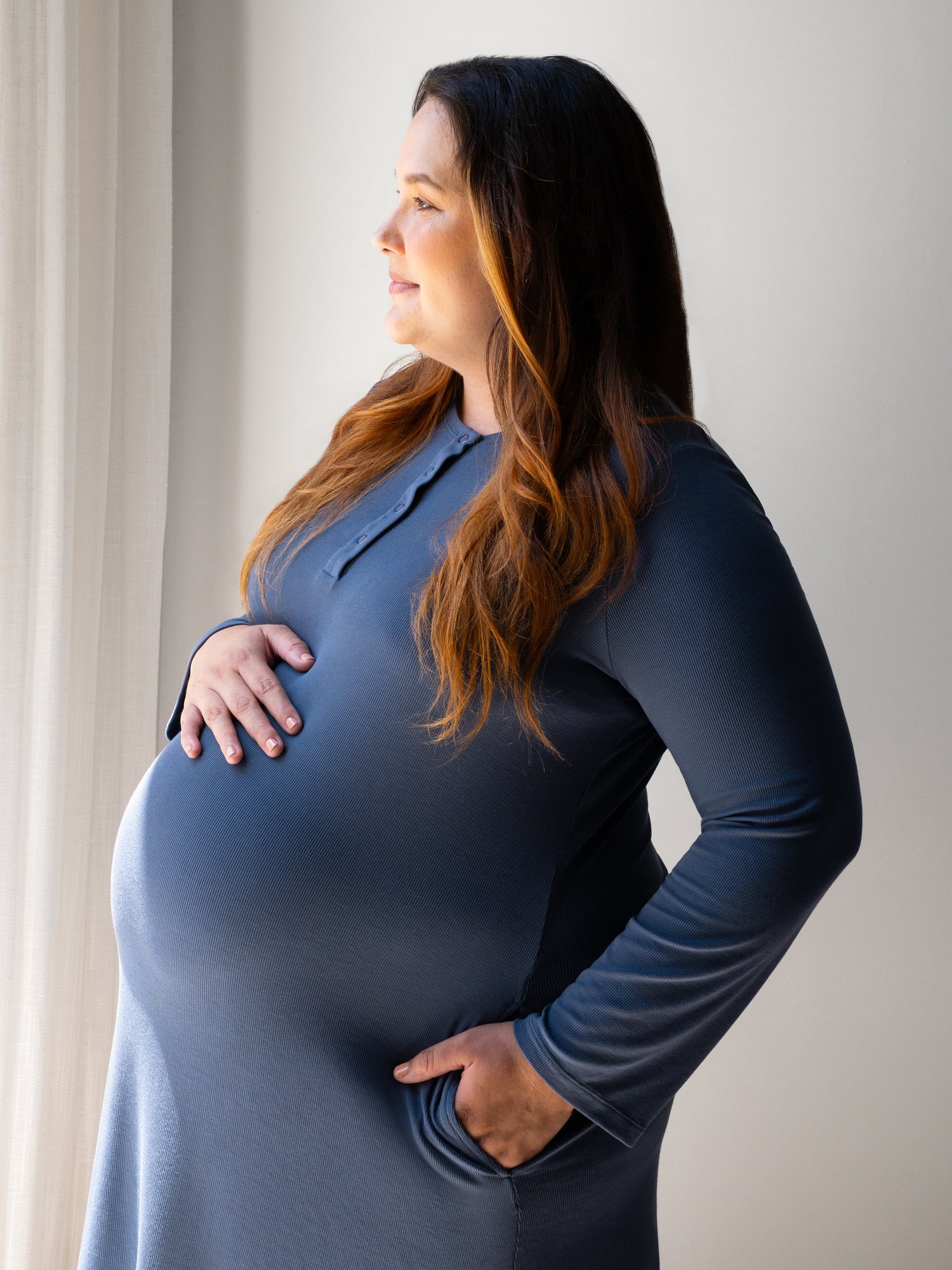 Riley Ribbed Bamboo Maternity & Nursing Nightgown | Slate Blue - Image 2