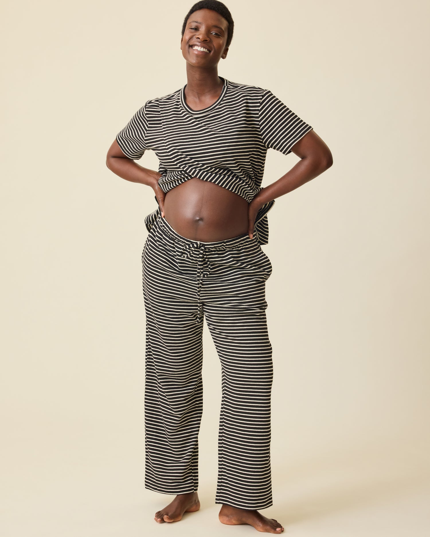 Luxe Terry Maternity & Postpartum Pant | Black & Ivory Stripe - Image 2