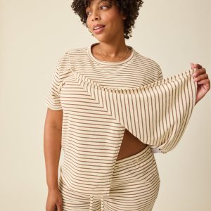 Luxe Terry Maternity & Nursing Split Hem T-shirt | Ivory & Chocolate Stripe