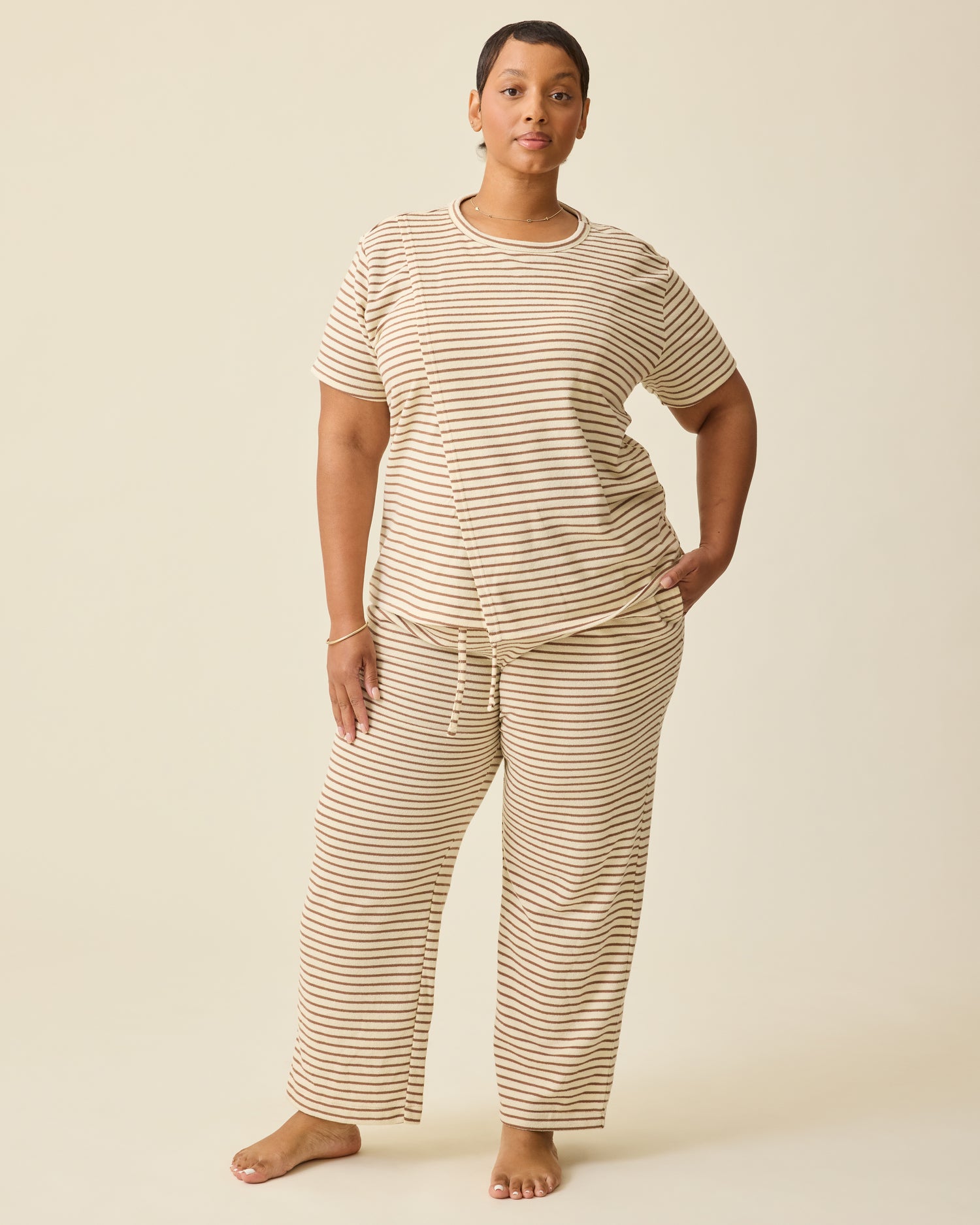 Luxe Terry Maternity & Postpartum Pant | Ivory & Chocolate Stripe - Image 2