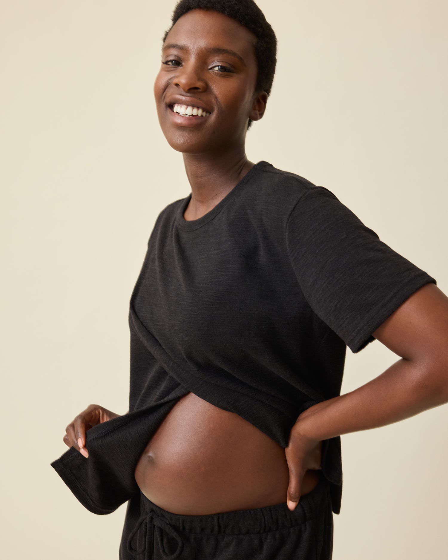 Luxe Terry Maternity & Nursing Split Hem T-shirt | Black - Image 2
