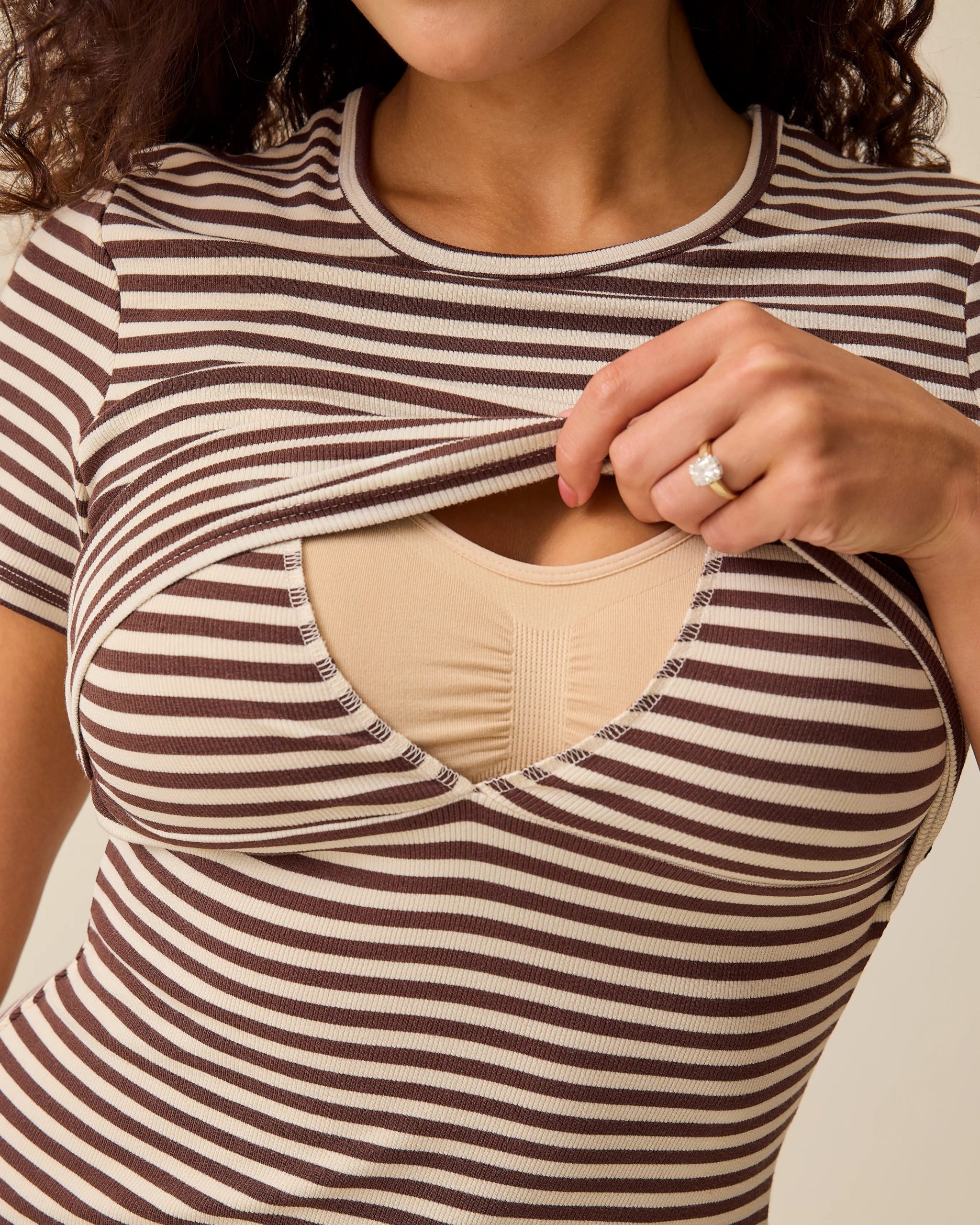 Ribbed Bamboo Crew Neck Nursing T-shirt | Chocolate & Ivory Stripe - Image 2