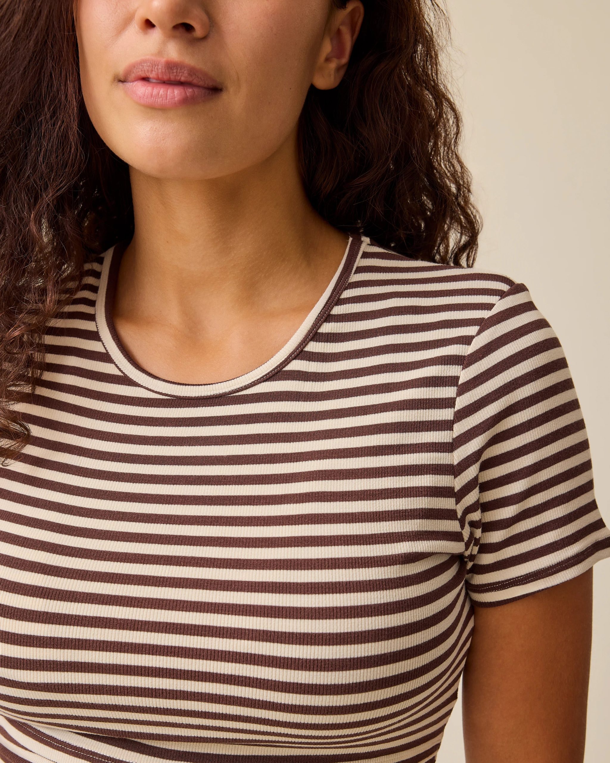 Ribbed Bamboo Crew Neck Nursing T-shirt | Chocolate & Ivory Stripe - Image 3