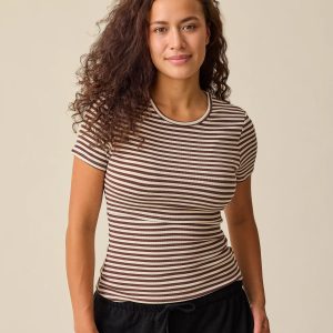 Ribbed Bamboo Crew Neck Nursing T-shirt | Chocolate & Ivory Stripe