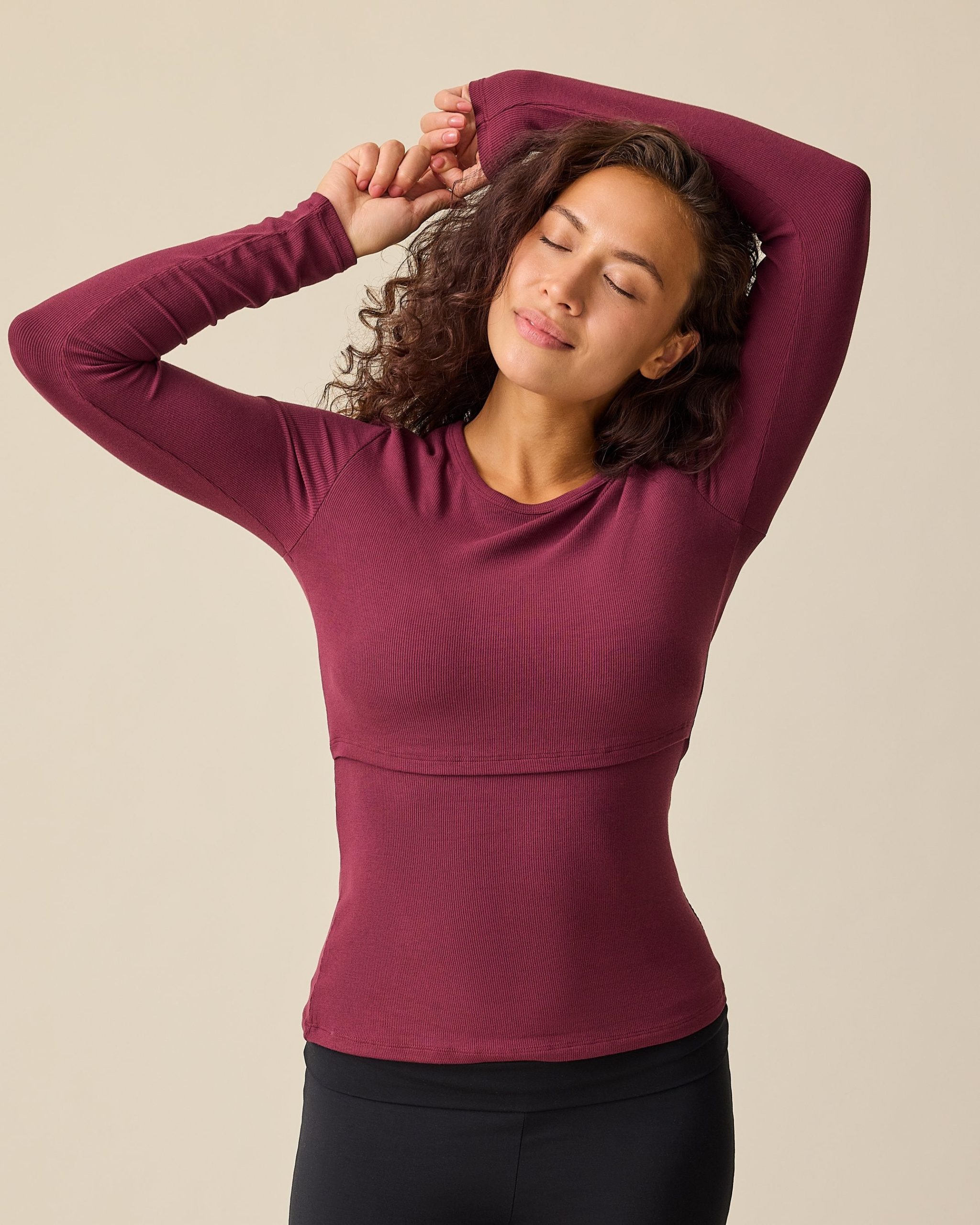 Ribbed Bamboo Long Sleeve Nursing T-shirt | Deep Burgundy - Image 3