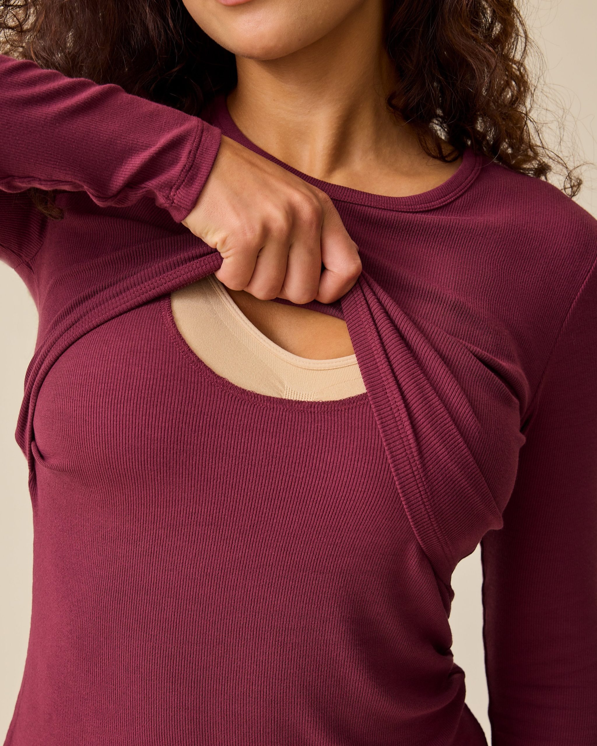 Ribbed Bamboo Long Sleeve Nursing T-shirt | Deep Burgundy - Image 2