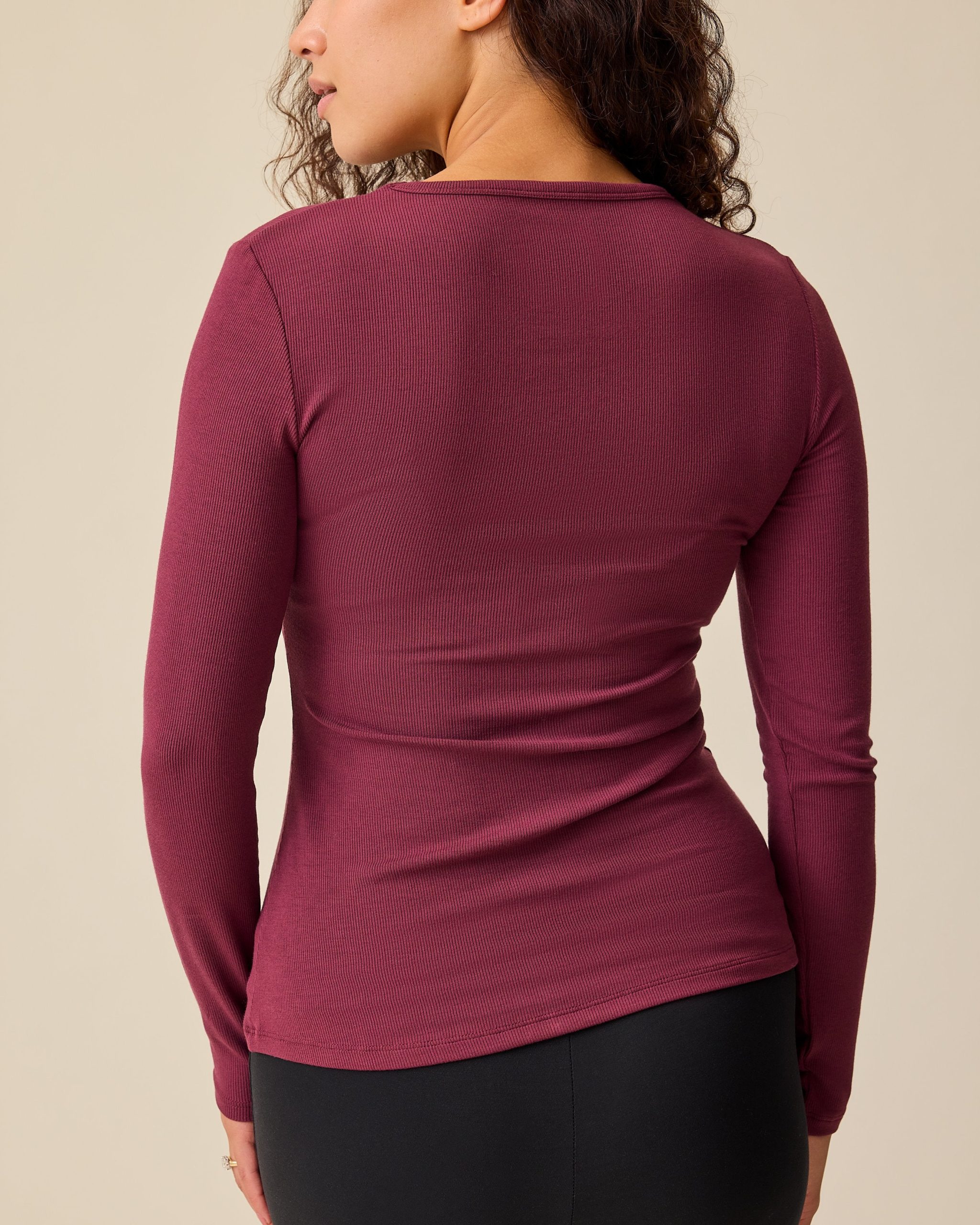 Ribbed Bamboo Long Sleeve Nursing T-shirt | Deep Burgundy - Image 5