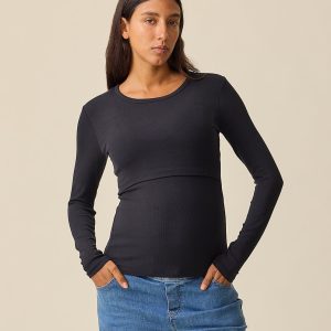 Ribbed Bamboo Long Sleeve Nursing T-shirt | Black
