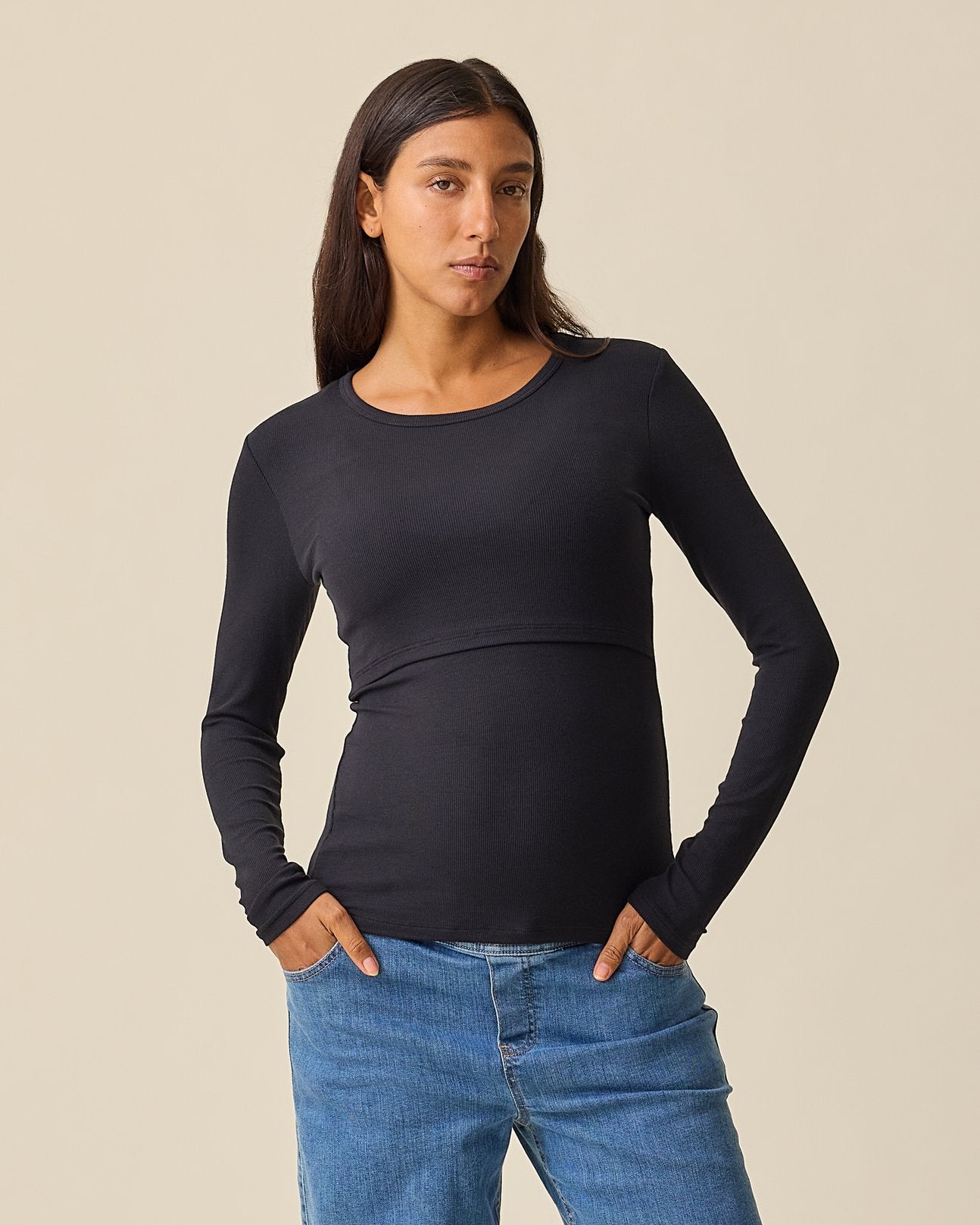 Ribbed Bamboo Long Sleeve Nursing T-shirt | Black