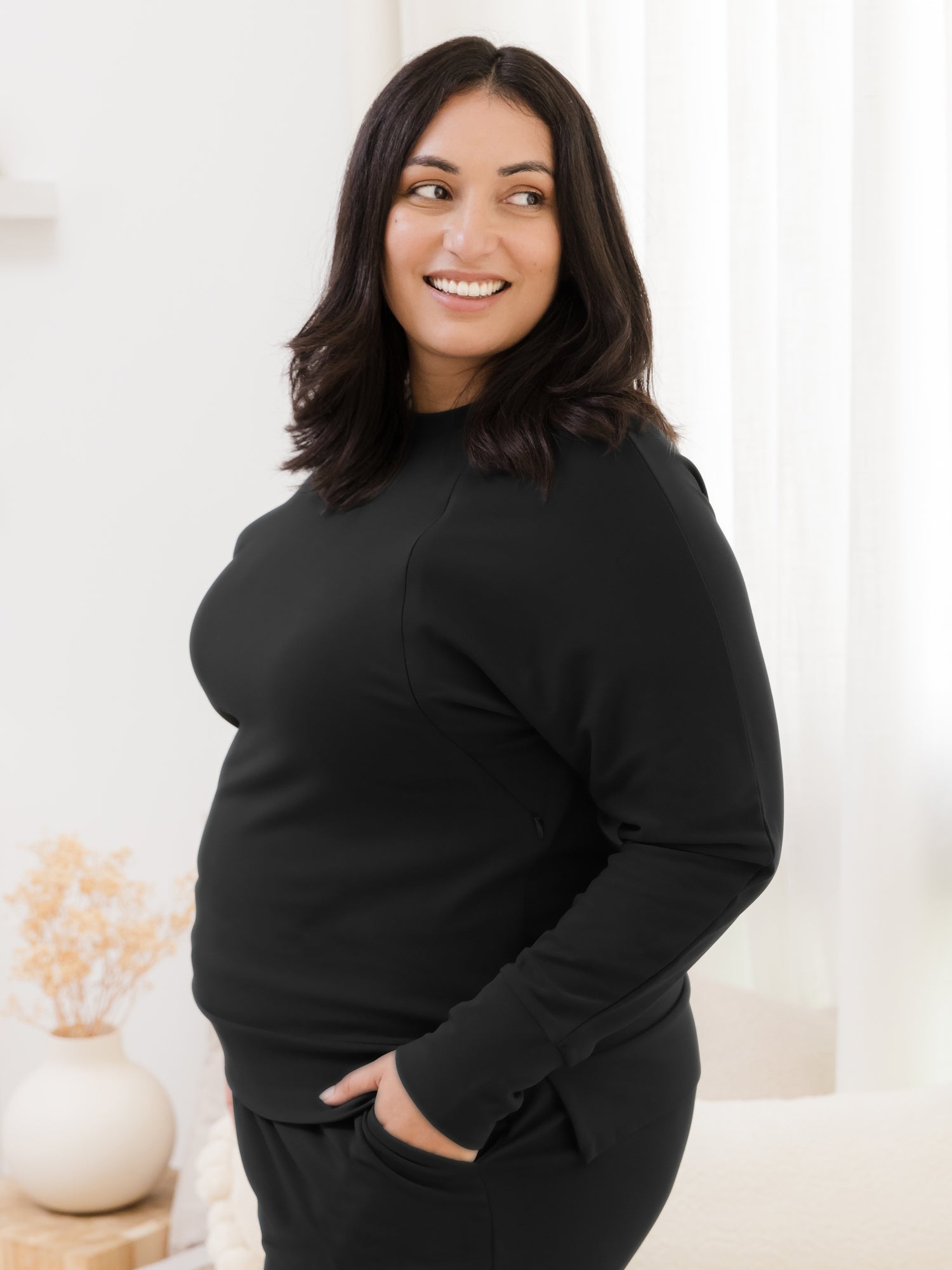 Bamboo Maternity & Nursing Crew Neck Sweatshirt | Black - Image 7