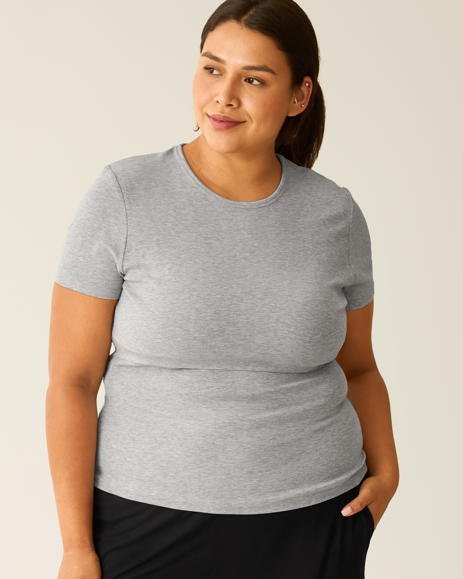 Ribbed Bamboo Crew Neck Nursing T-shirt | Grey Heather - Image 5