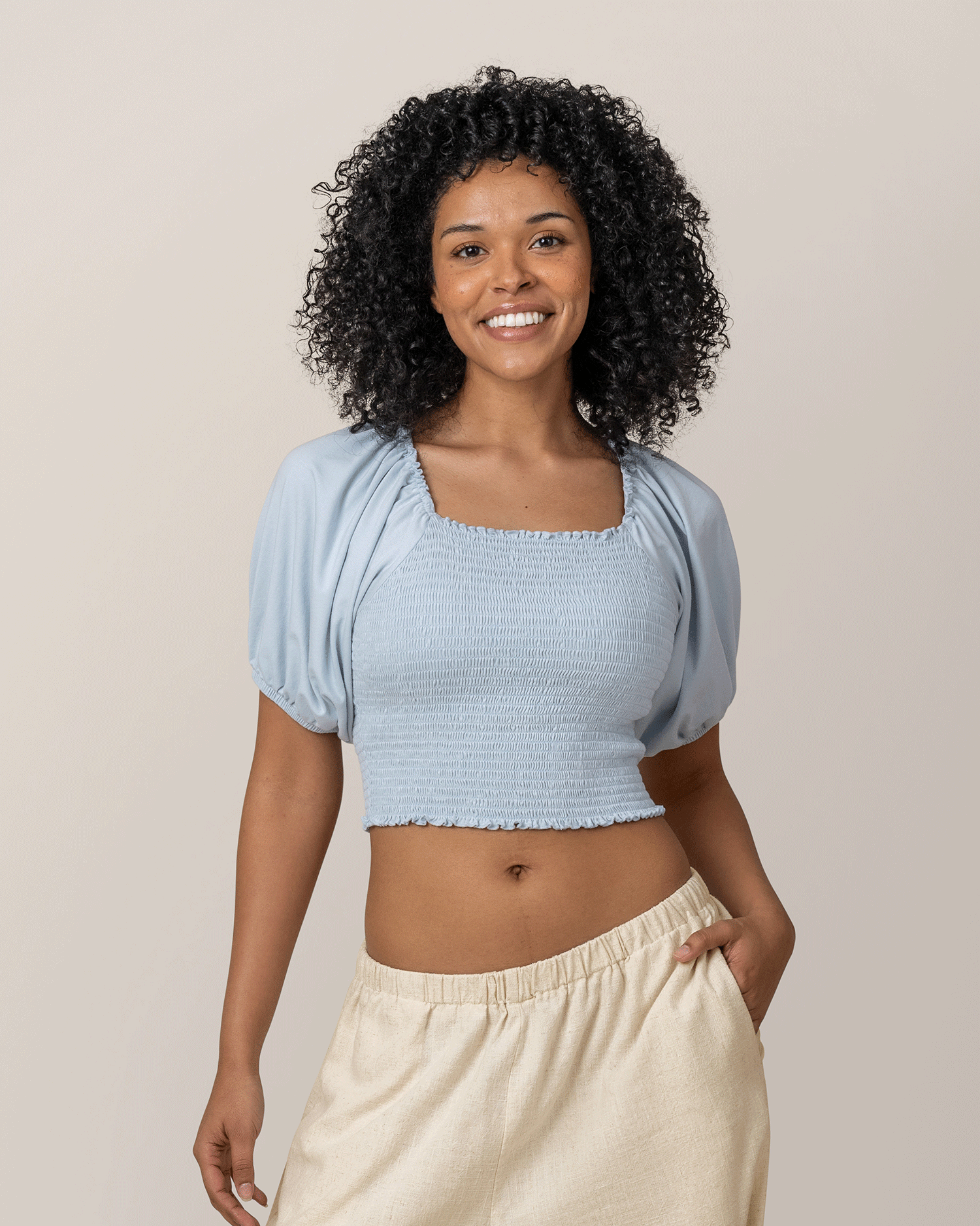 Sophia Smocked Cropped Nursing Top | French Blue - Image 3