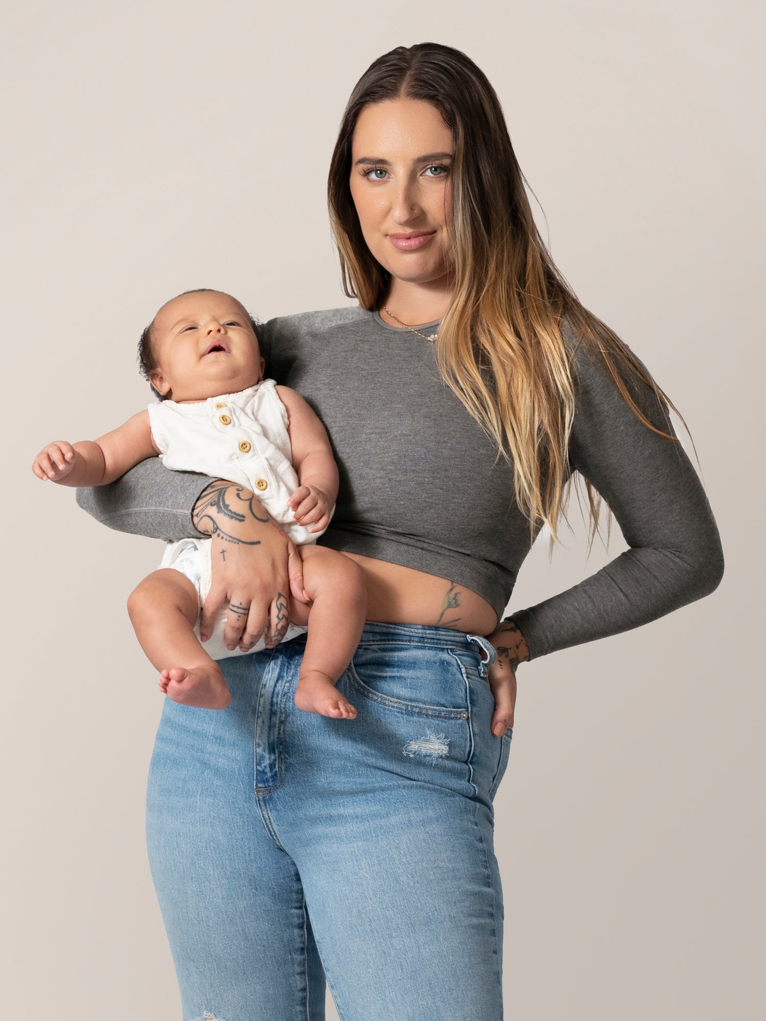 Sublime® Bamboo Maternity & Nursing Cropped Long Sleeve Top | Charcoal - Image 2