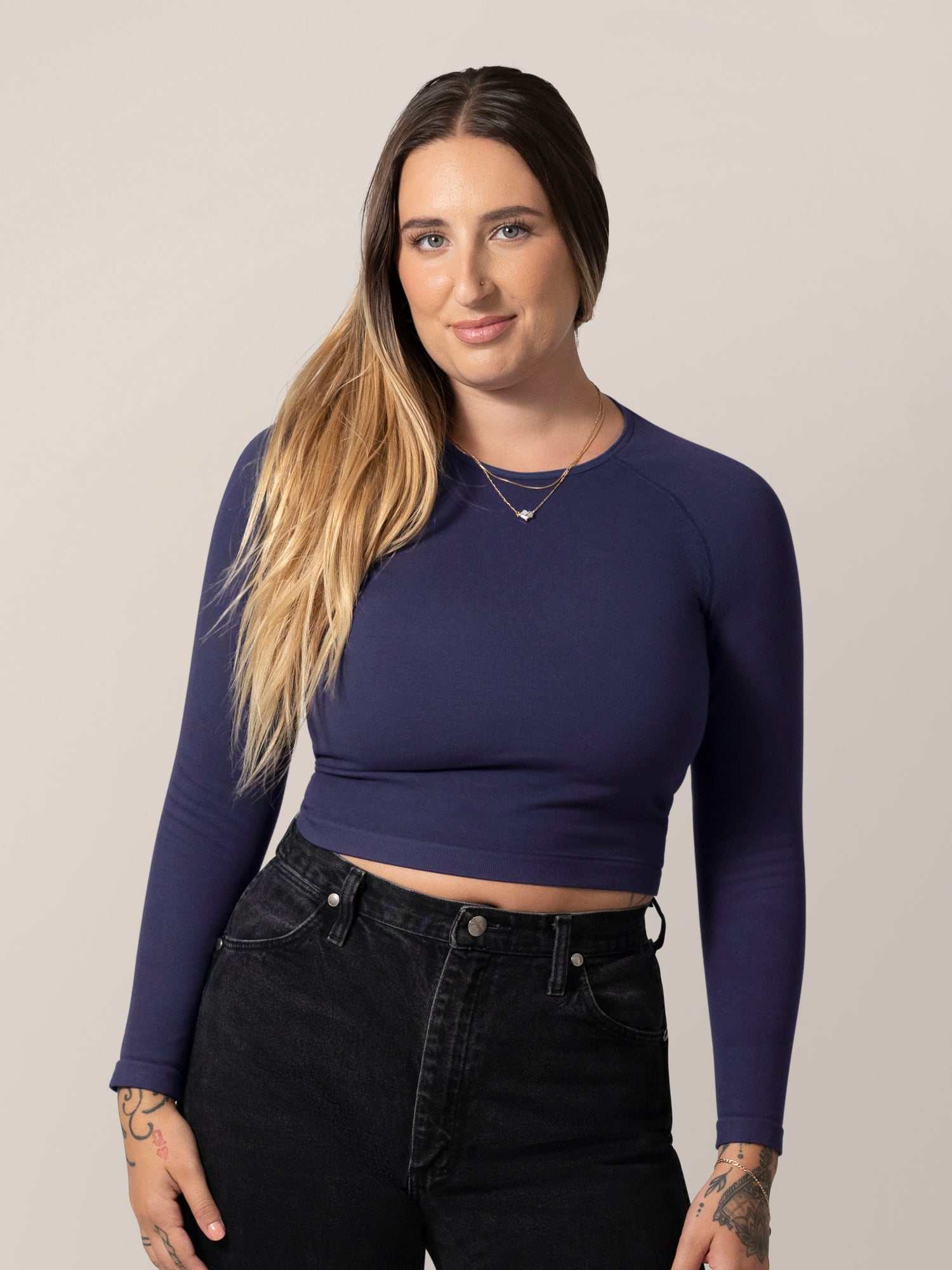 Sublime® Bamboo Maternity & Nursing Cropped Long Sleeve Top | Navy - Image 3