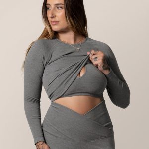 Sublime® Bamboo Maternity & Nursing Cropped Long Sleeve Top | Charcoal