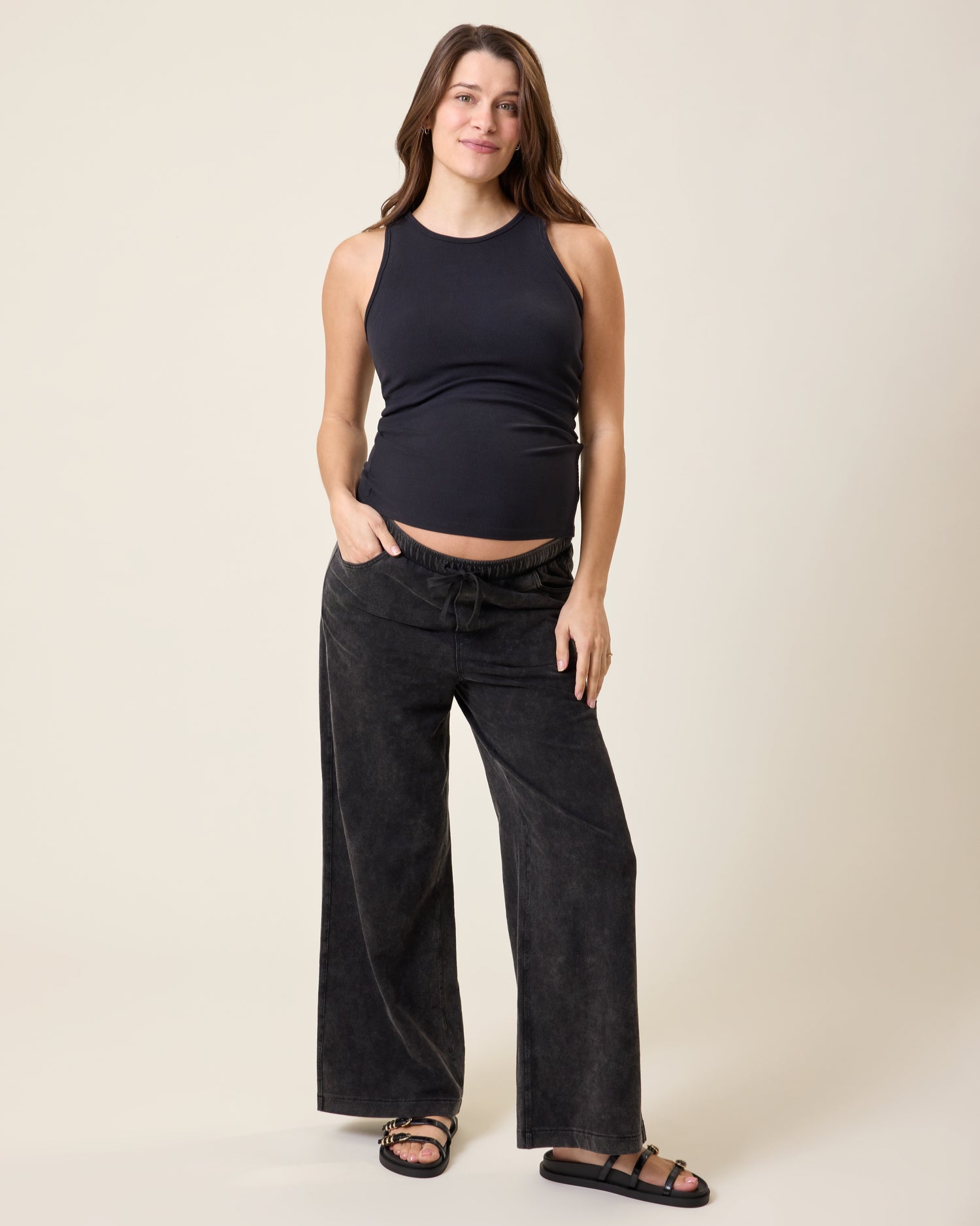 Wide Leg Maternity & Postpartum Drawstring Pant | Black Wash - Image 2