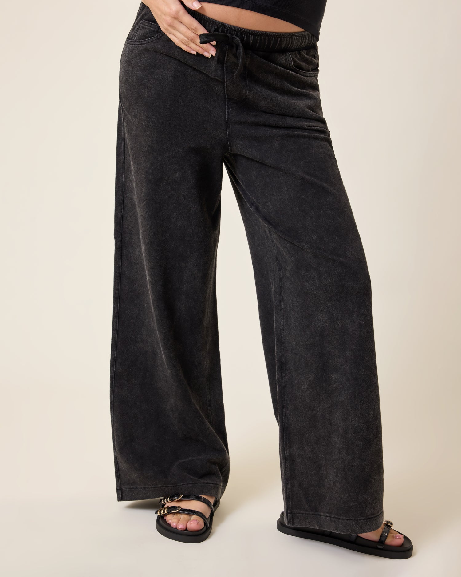Wide Leg Maternity & Postpartum Drawstring Pant | Black Wash
